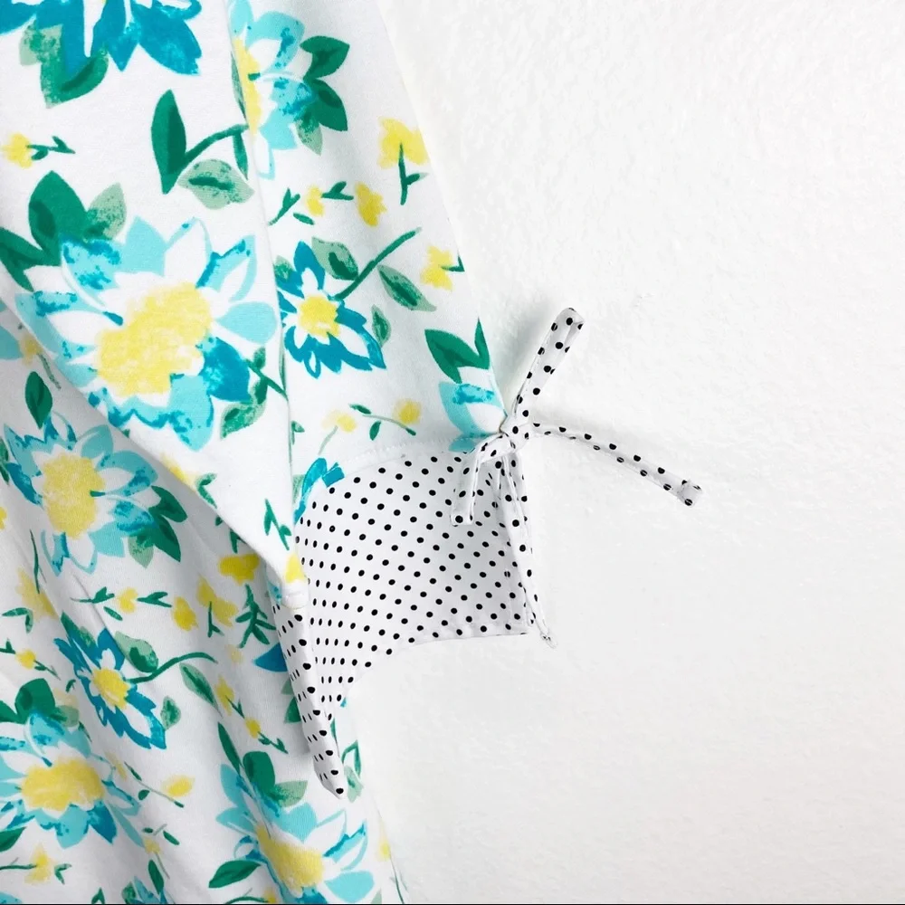 KIM ROGERS 100% Cotton Floral Polka Dot Bow Cuff Curvy Top 1X Casual Spring Boho - Picture 6 of 7